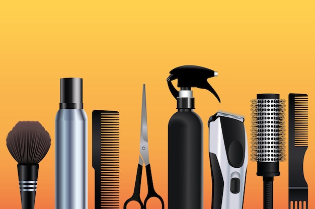 Vector hairdressing tools equipment icons in orange background  illustration