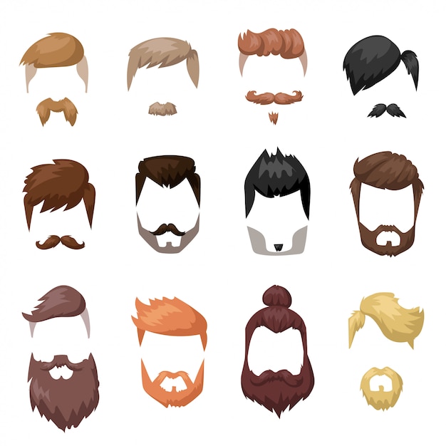 Vector hairstyles beard and hair face cut mask flat cartoon collection