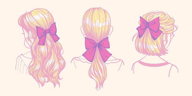 Vector hairstyles with bows and ribbons. cute trendy womens hairstyles with hair accessories, hairstyle ideas. set of vector hand drawn doodle illustrations of girls with bows.