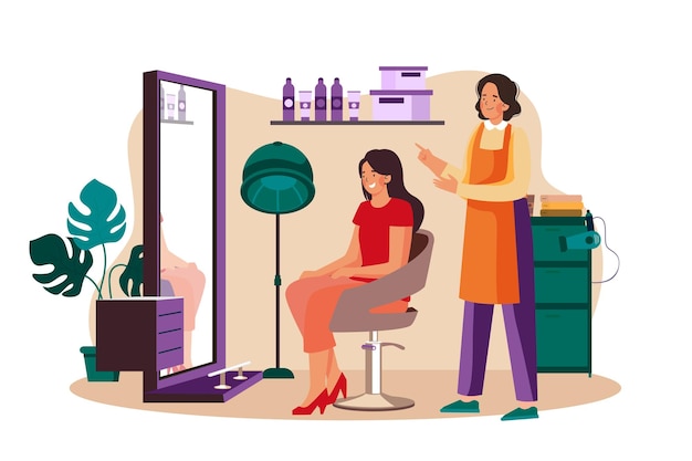 Vector hairstylist and female customer talking in hair salon