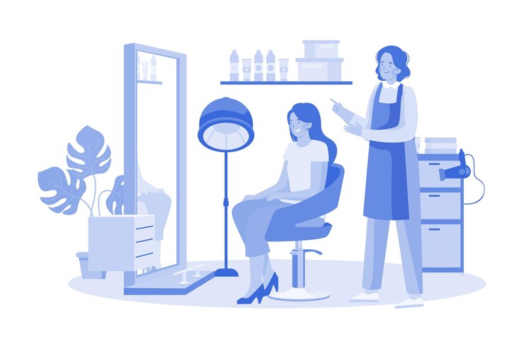 Vector hairstylist and female customer talking in hair salon