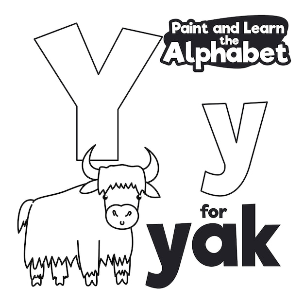 Hairy yak with big horns teaching the grammar lesson for letter Y of alphabet with didactic homework