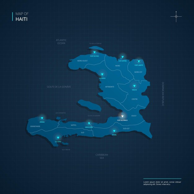 青いネオンの光点を持つハイチの地図-濃い青のグラデーションの三角形