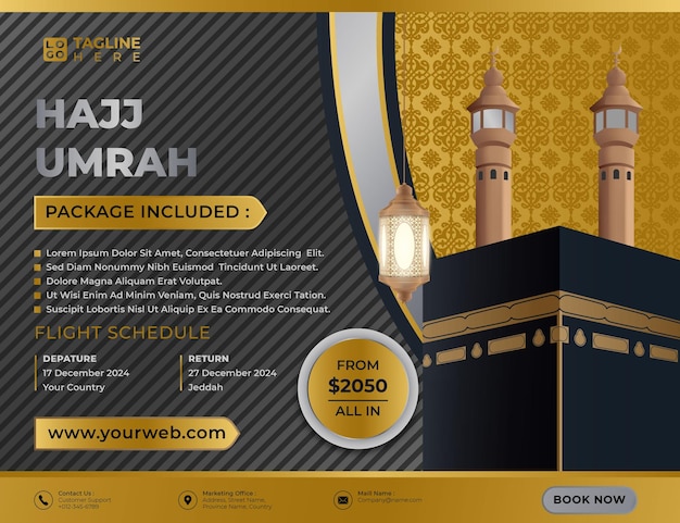 Hajj 및 Umrah 브로셔 Kaaba 및 랜턴 사실적인 3d와 함께 골드 여행 및 투어 럭셔리