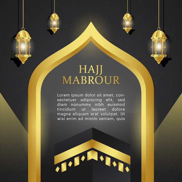 Hajj mabrour sfondo nero e oro di lusso con lanterna e kabah