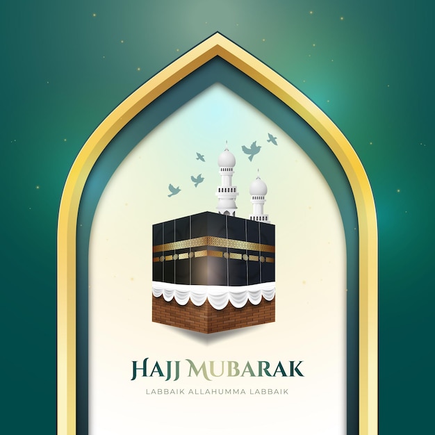 Vector hajj mubarak greetings card with 3d realistic illustration of mecca