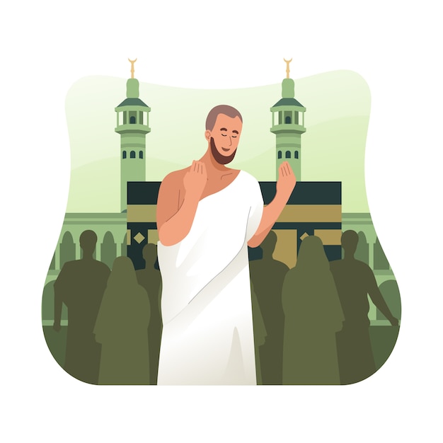 Vector hajj pilgrim in ihram clothes praying in front of kaaba