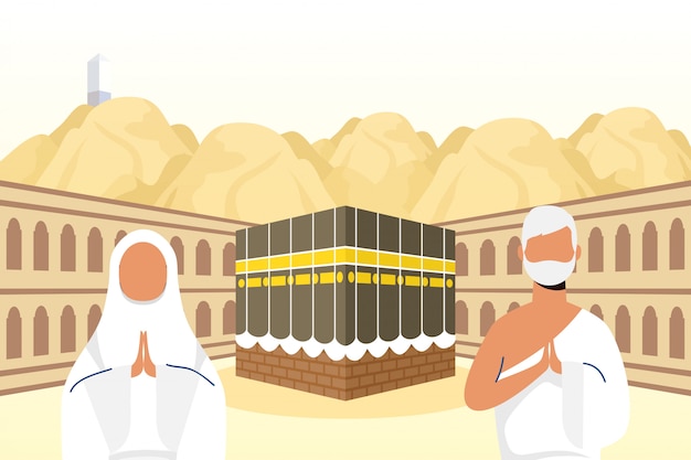 Vector hajj pilgrimage with couple in kaaba scene