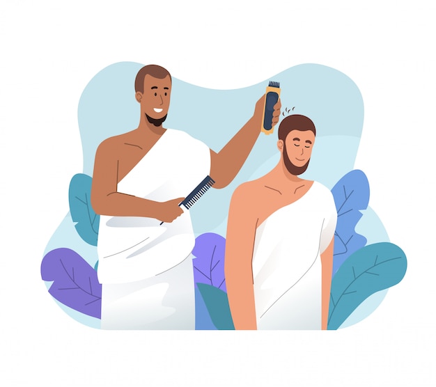 Vector hajj pilgrims shave their heads. ritual of hajj pilgrimage