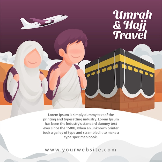 Vector hajj social media banner muslim couple with backpack travel wear ihram with kaaba and airplane