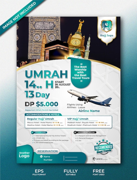 Vector hajj and umrah brochure flyer with editable green shades and shapes