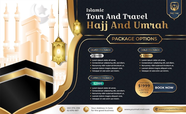 Vector hajj and umrah brochure flyer with illustrations of the kaaba and the haram mosque