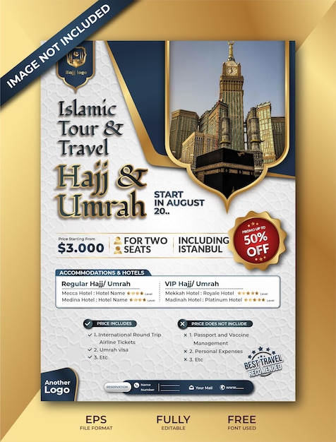 Vector hajj and umrah flyer brochure in an elegant style in dark and gold colors