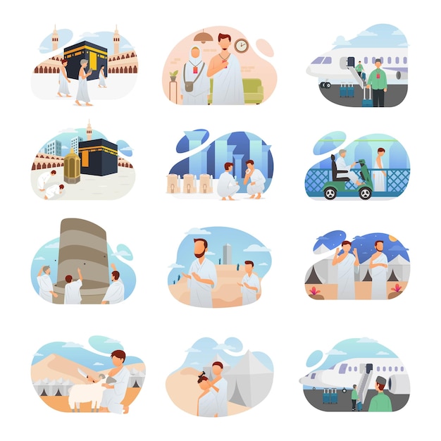 Vector hajj and umrah guide step by step in one collection vector illustration