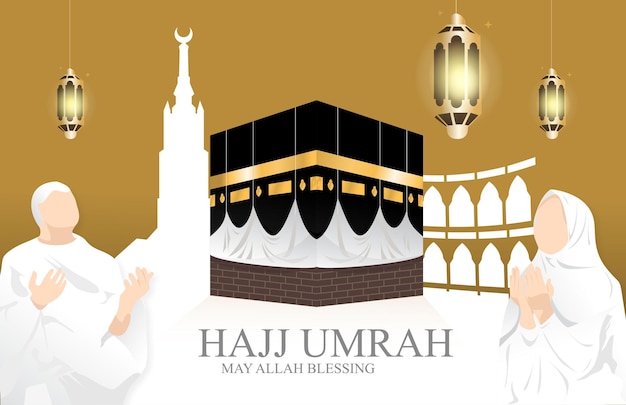 Hajj Umrah Kaaba for hajj in AlHaram Mosque vector illustration on gold background