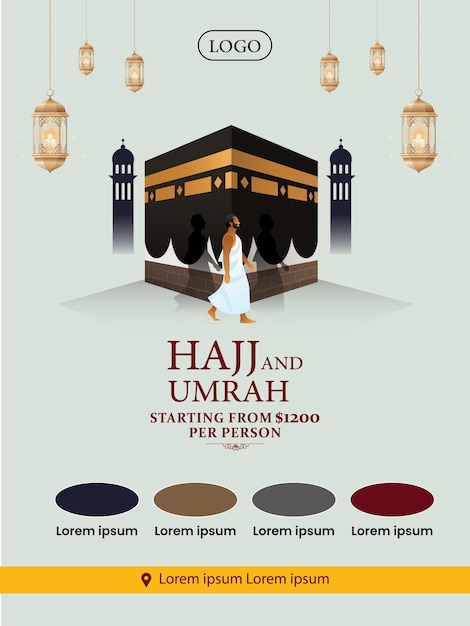 Hajj and Umrah Luxury package flyer, Ramadan Kareem flyer template islamic brochure post Arabic