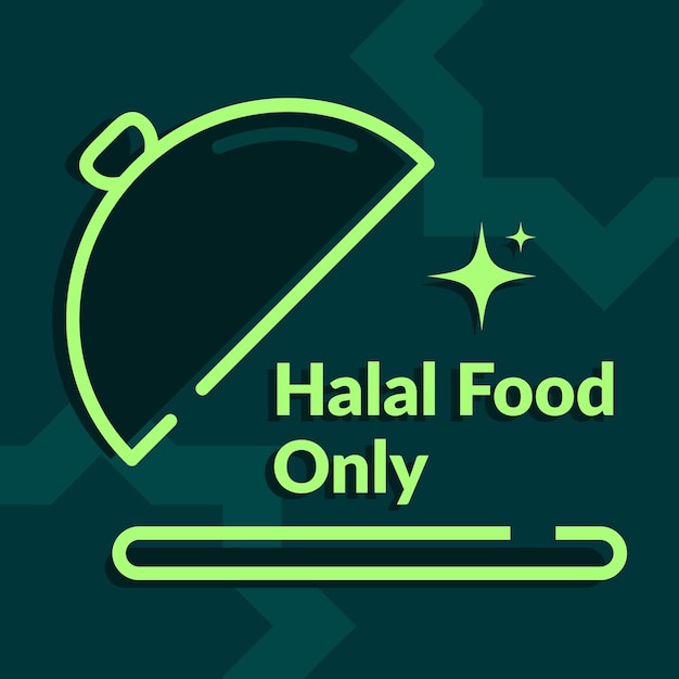 Menu di cibo halal solo nel piatto con sfondo di ornamenti islamici