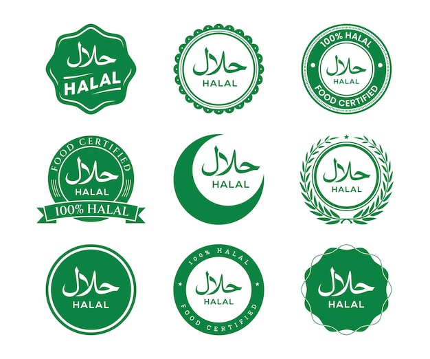 Etichette di prodotti alimentari halal etichetta del certificato di segno halal vettoriale colore verde set di logo cibo halal