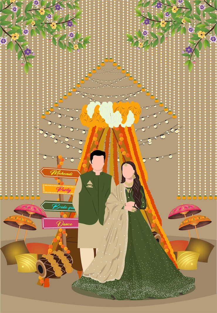 वेक्टर haldi mehndi invitation card the bride and groom cute couple in traditional dress cartoon