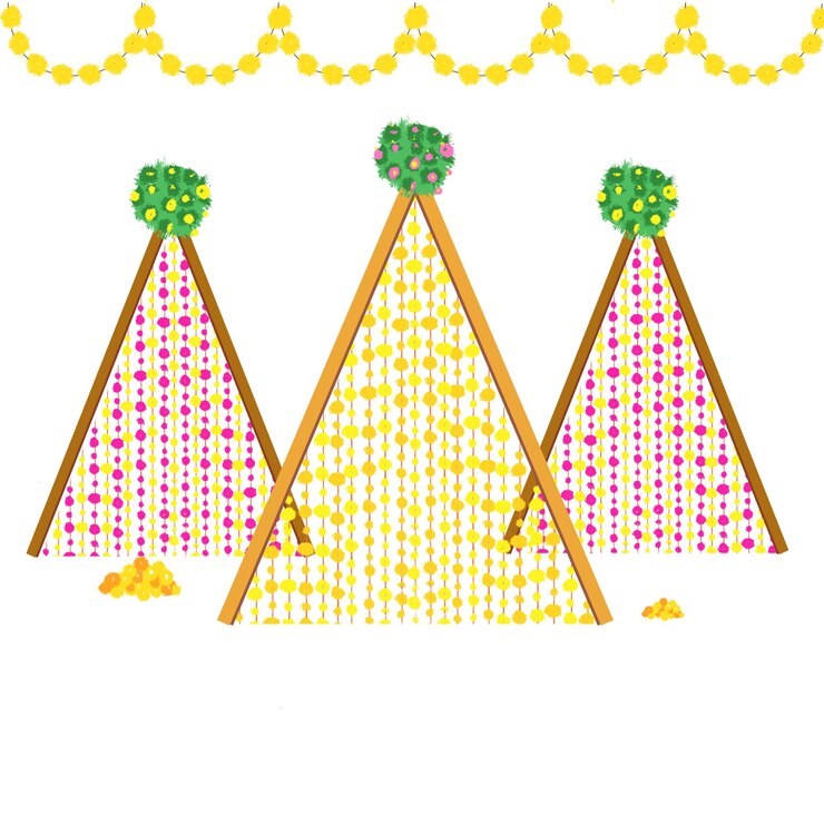 वेक्टर haldi setup decor illustration for indian wedding mehendi haldi ceremony invite maayra and sangeet