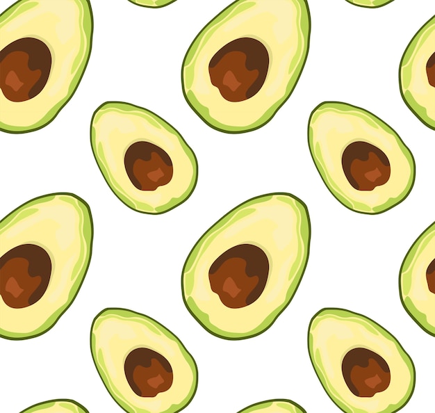Half an avocado with pit Food pattern Seamless pattern in vector Isolated image of an avocado