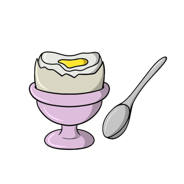 Half Boiled chicken egg on pink ceramic stand silver spoon cartoonstyle vector