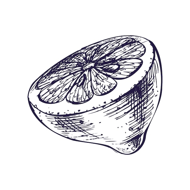 Half lemon slice with seeds Graphic botanical illustration hand drawn