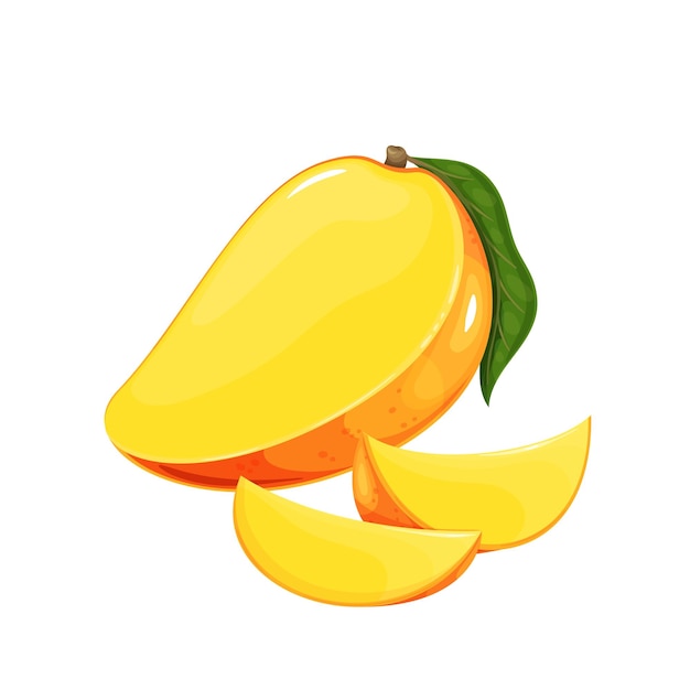 Half mango with leaf and ripe mango pieces