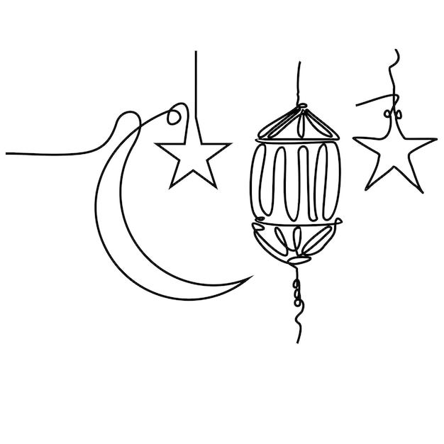 Vector half moon and star minimal one continuous line drawing on white background