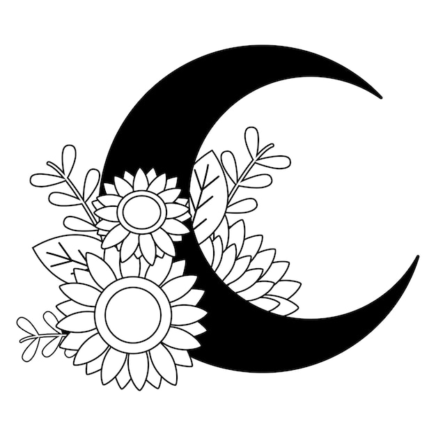 Half moon and sunflower in outline or black and white style. illustration about sweet dream.