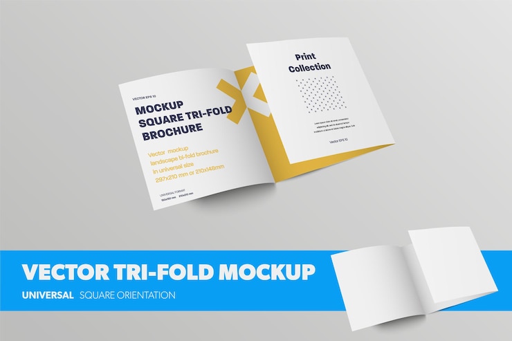Half-open vector tri-fold template, front view, standard business leaflet, with abstract pattern, realistic shadows, isolated on background. Mockup square roll fold brochure for design presentation