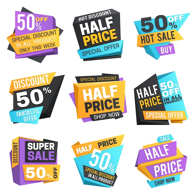 Half price labels. Super 50 off discount sale pricing tags.  set
