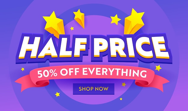 Half Price Mega Sale Advertising Banner with Typography on Purple Background with Stars. Ad Template Design for Shopping Discount. Backdrop Content Decoration, Social Media Promo. Vector Illustration