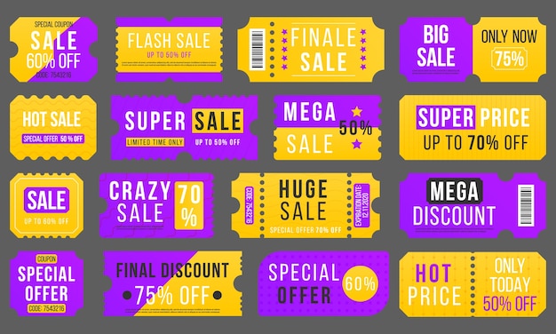 Half price offer, big super sale coupon discount. Set of red tickets and labels. Vector