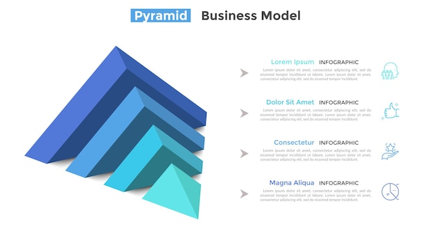 Metà della piramide sdraiata su un lato divisa in 4 parti o strati e posizionata per il testo. concetto di quattro caratteristiche del progetto imprenditoriale. modello di progettazione infografica moderna. illustrazione di vettore per la presentazione.