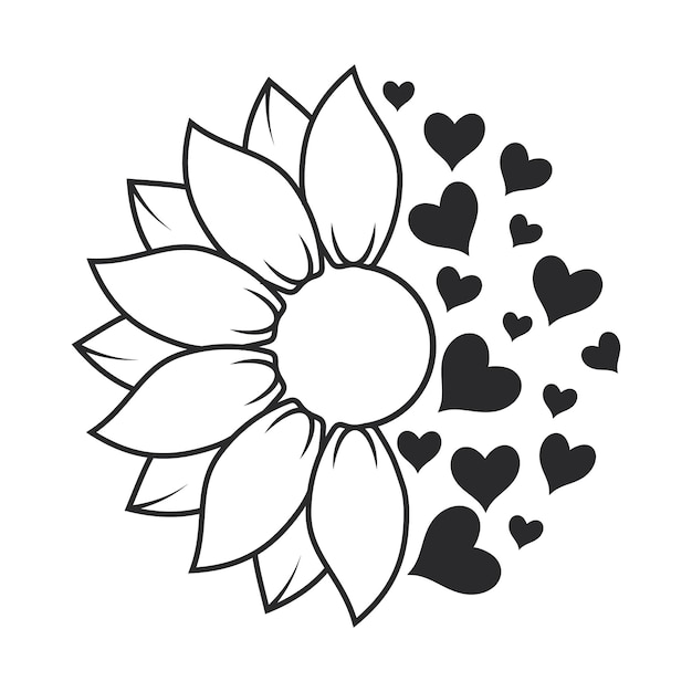 Half Sunflower with Love, Half Sunflower Clipart, Sunflower Silhouette, Sunflower illustration