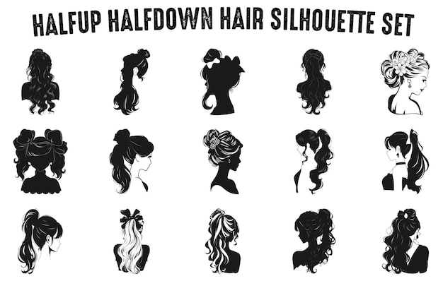 Half up and Half down Silhouettes Vector set Girl's hairstyles Silhouettes women's hair illustration