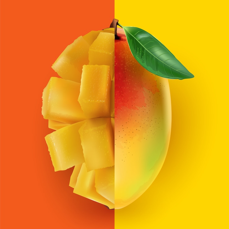Vector half a whole mango combined with a half diced mango.