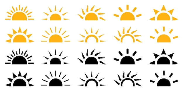 Half zon iconen collectie Set van gele en zwarte zon vector iconen geïsoleerd op witte achtergrond Decoratieve halve zon en zonlicht Verschillende gele en zwart zonneschijn ster vector illustratie