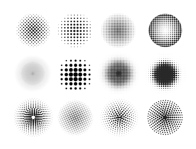ハーフトーン抽象的な点線の円ラウンド ハーフトーンの幾何学的なドットのグラデーション テクスチャ テンプレートのセット