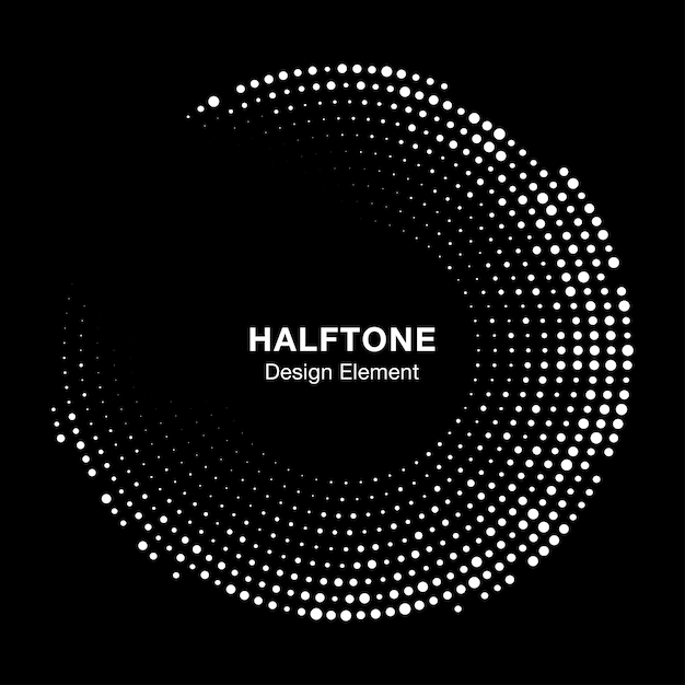 Halftone circle frame with white abstract random dots on black background Logo design element Vector