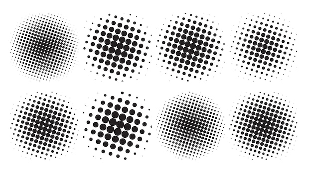 Halftone circle shapes background design vector set of eight