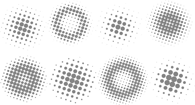 Halftone circle shapes background design vector set of eight