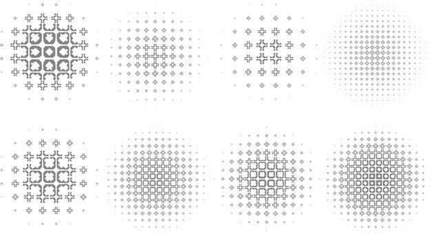 Halftone circle shapes background design vector set of eight