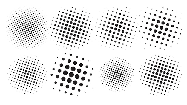 Полутоновый круг формирует фоновый дизайн векторного набора из восьми