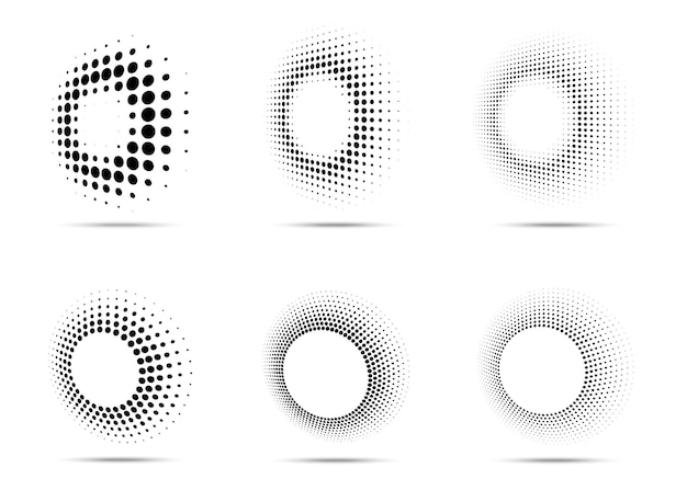 하프톤 원형 점선 프레임 세트 흰색 배경에 고립 된 원형 점 로고 요소