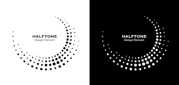 Halftone circular dotted frames set. Circle dots isolated on the white background. Logo design element for medical, treatment, cosmetic. Round border using halftone circle dots texture. Vector bw.