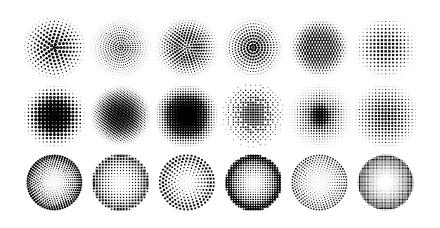 Halftone cirkel Komische gestippelde cirkels punt toon patroon verloop achtergrond geometrie element ronde pop-art vorm Spray punten effect Vector set