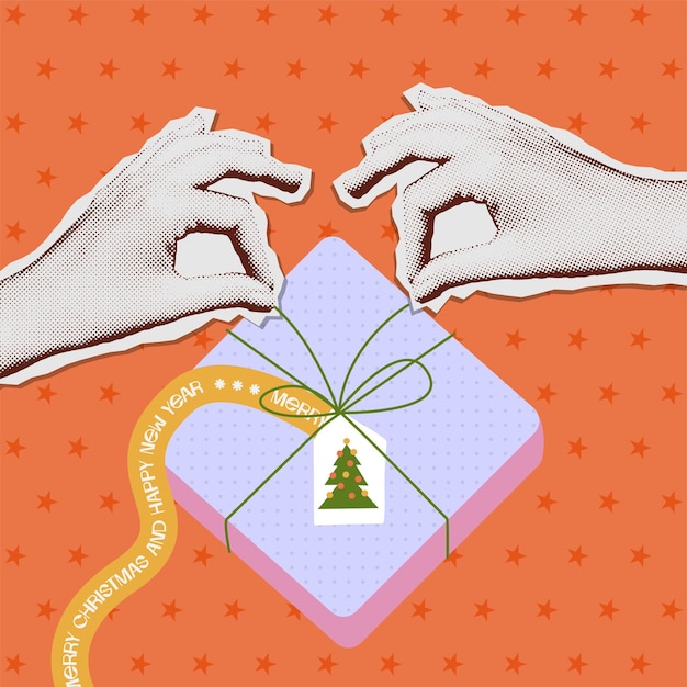 하프톤 콜라지 아트 배너 손은 크리스마스 선물을 열고 손은 밝고 아름답게 열습니다.