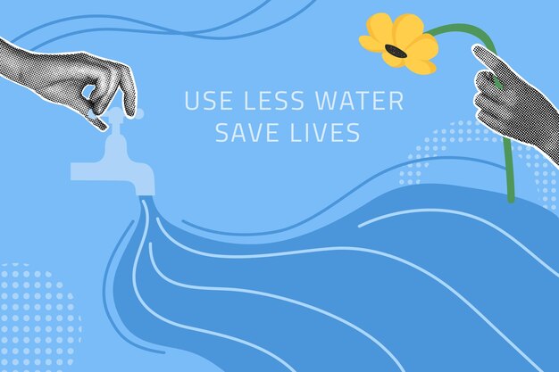 Vector halftone collage concept of environmental protection world water dayuse less water save lives